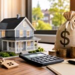 San Mateo home model beside a calculator, house keys, coins, and money bag representing capital gains taxes when selling property.