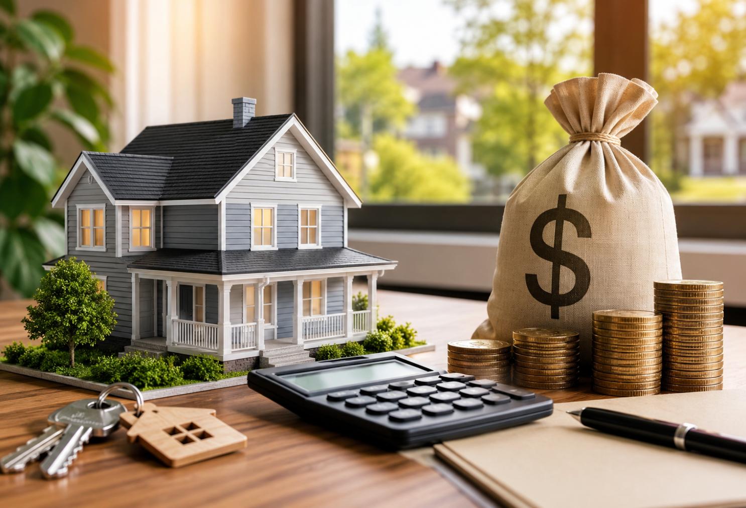San Mateo home model beside a calculator, house keys, coins, and money bag representing capital gains taxes when selling property.